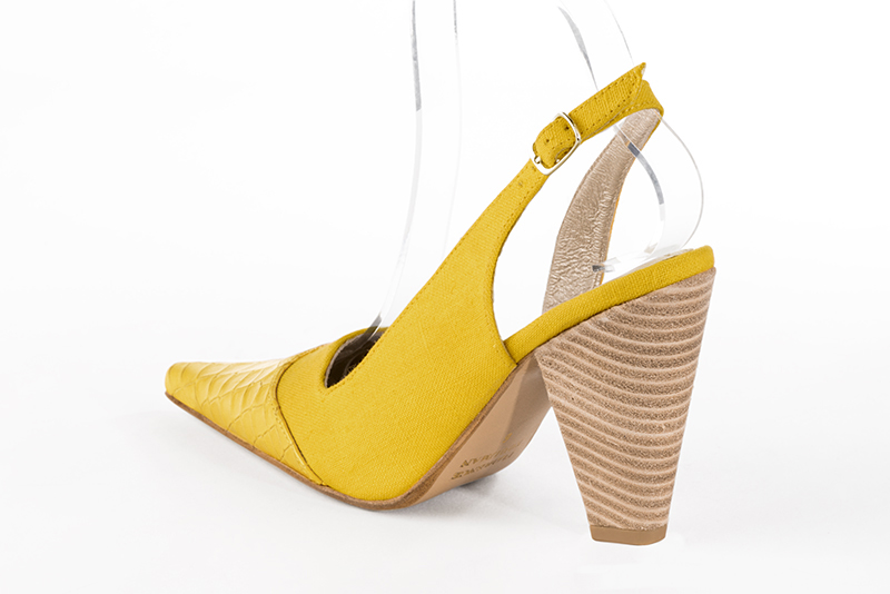 Yellow women's slingback shoes. Pointed toe. High cone heels. Rear view - Florence KOOIJMAN